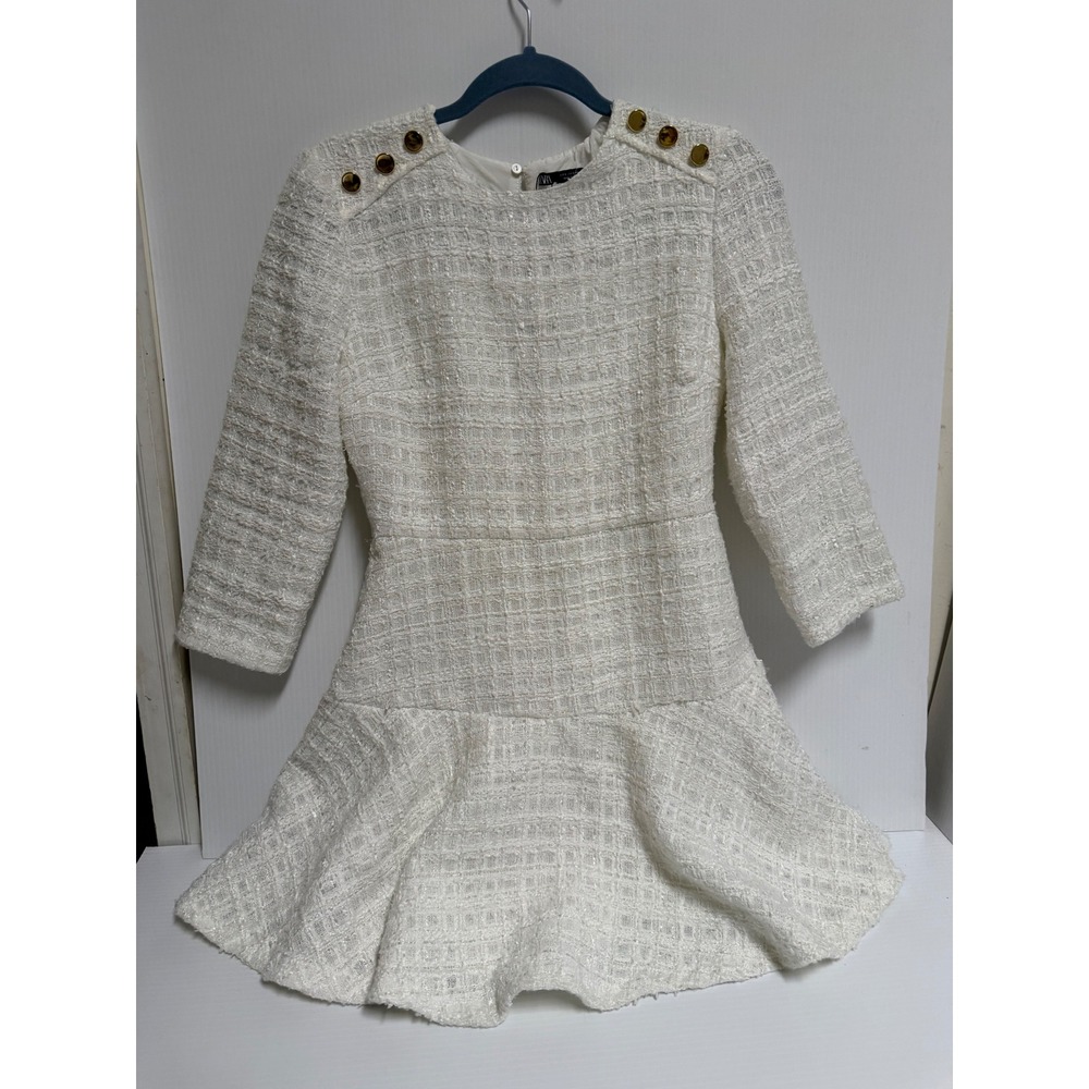 Zara White Tweed Mini Dress Gold Button Shoulder Ruffle Hem Boucle Long Sleeve S